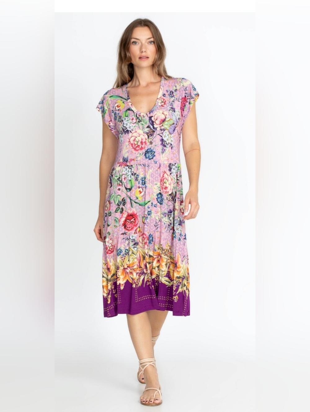 Johnny Was Topiary Tiered Tea Length Dress Womens Sz XS Floral Pink Purple